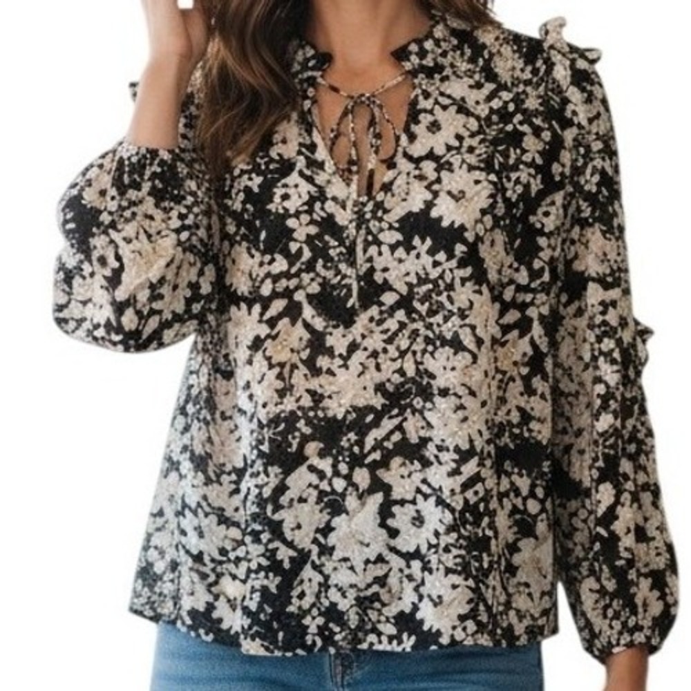 EXPRESS Black Floral Print With Gold Threads L/S Ruffle Trim‎ Blouse NWT $80
